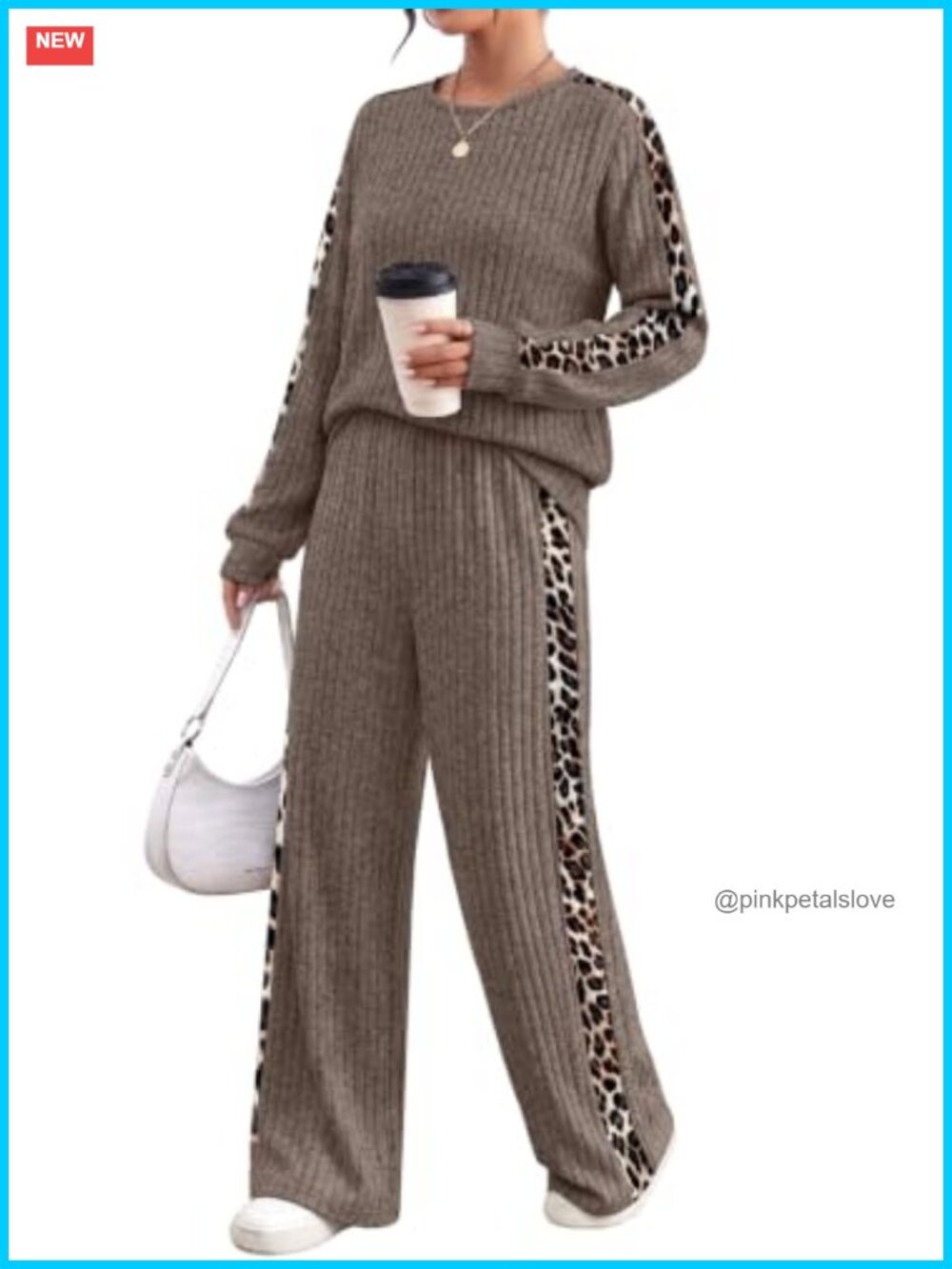 Two Piece Lounge Set Long Sleeve Top Wide Leg Pants Ribbed Knit